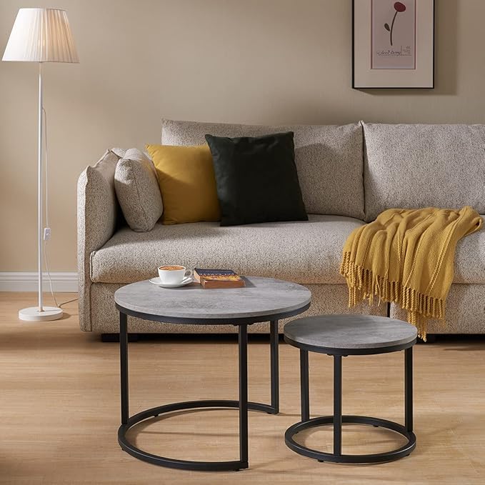 CENSI 24" Round Nesting Table, Accent Coffee Table, Grey Faux Concrete Wood Finish, Space-Saving, Modern Industrial Style
