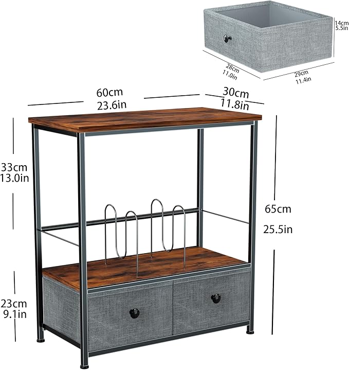 Record Player Stand with Vinyl Storage, 2-Tier Record Shelf Table with Fabric Drawer, Holds Up to 110 Vinyl Records, Record Player Table for Turntable and Albums, 23.62"D × 11.81" W× 25.59"H