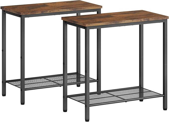 Hoctieon 2 Tier End Table, Sofa Side Table, Narrow Side Table with Storage, Slim Nightstand for Small Spaces, Metal Frame, for Living Room, Bedroom, Sofa Couch, Hall, Rustic Brown, 2 Set