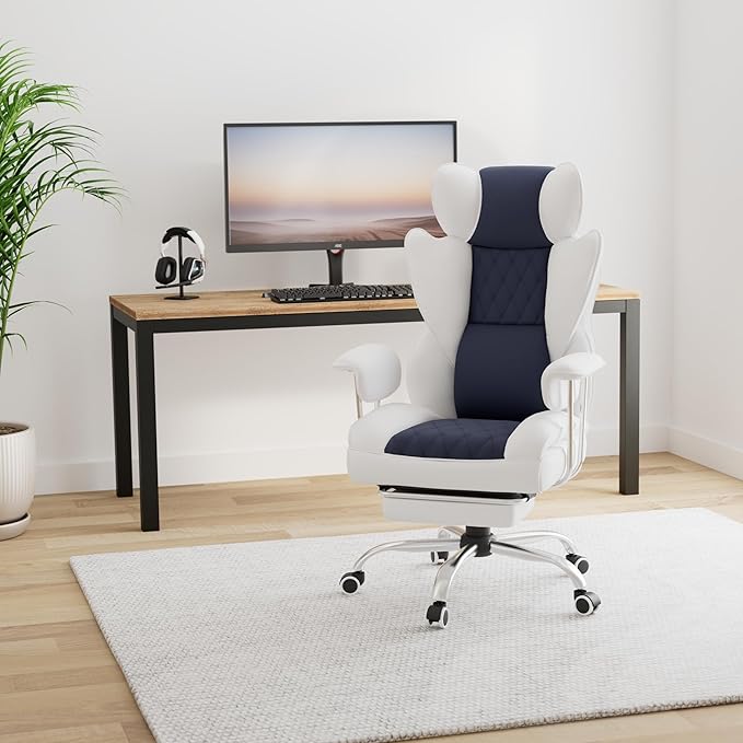 GTRACING Gaming Chair,Office Chair with Pocket Spring Lumbar Support, Ergonomic Comfortable Wide Office Desk Computer Chair with Outward Fixed Soft Armrests and Footrest (Fabric, Light Blue & White)