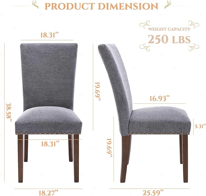 Parsons Dining Chairs Set of 2, Upholstered Nailhead Dining Room Kitchen Side Chair with Thick Cushions and Wood Legs, Dark Grey