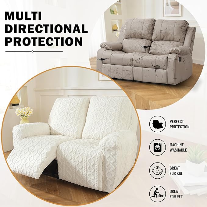 vctops 6 Pieces Geometric Jacquard Plush Recliner Loveseat Slipcovers Soft Fuzzy Fluffy Sofa Couch Cover Anti-Slip Furniture Protector with Elastic Bottom for Kids Cats Dogs(Cream,2 Seat)