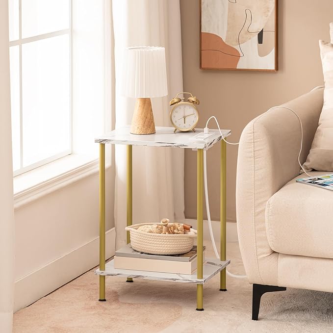 HOOBRO Side Table with Charging Station, Set of 2 End Tables with USB Ports and Outlet, Nightstand with 2-Layer Storage Shelves for Small Spaces, Living Room, Bedroom, Gold and Marble DM09UBZP201