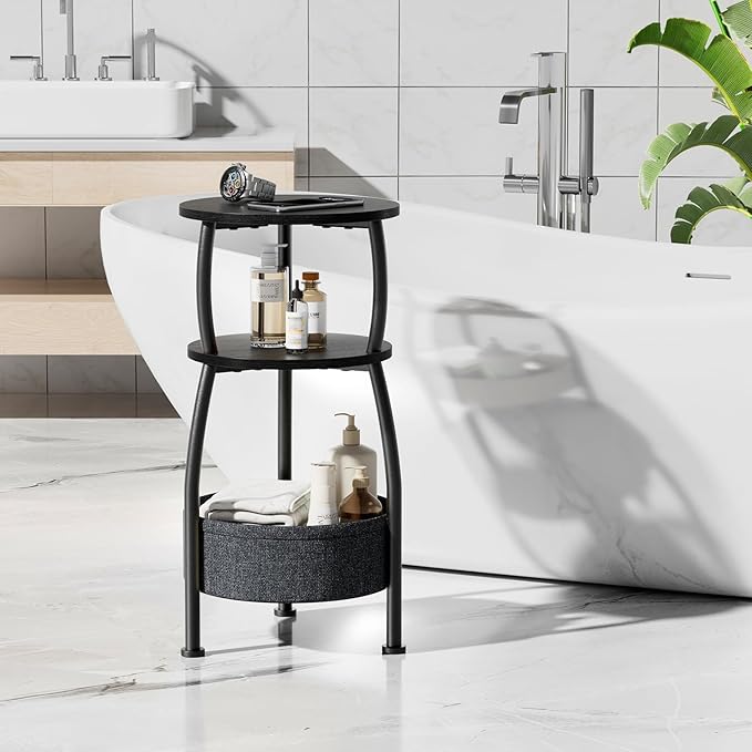 Small Round end Table for Living Room with Storage Basket –Small Space Saving End Table 3-Tier Accent Nightstand Couch Corner Table for Sofa, Bedroom, Patio and More 24in Tall Classic Black
