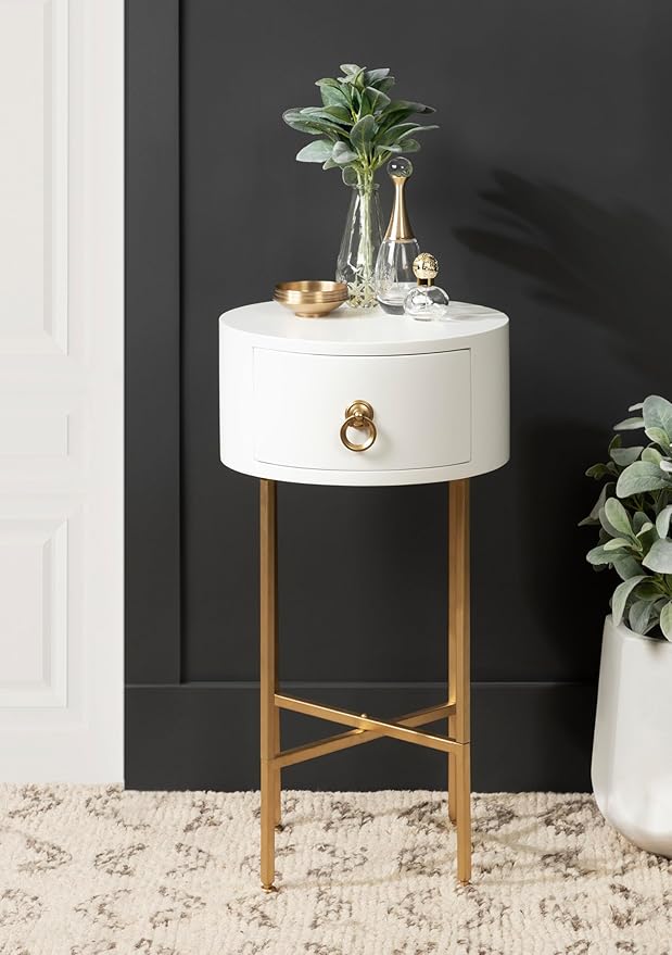 Kate and Laurel Decklyn Decorative Glam Round Side Table, 14 x 14 x 24, White and Gold, Modern Circle Living Room Table with Pull Drawer for Useful Storage