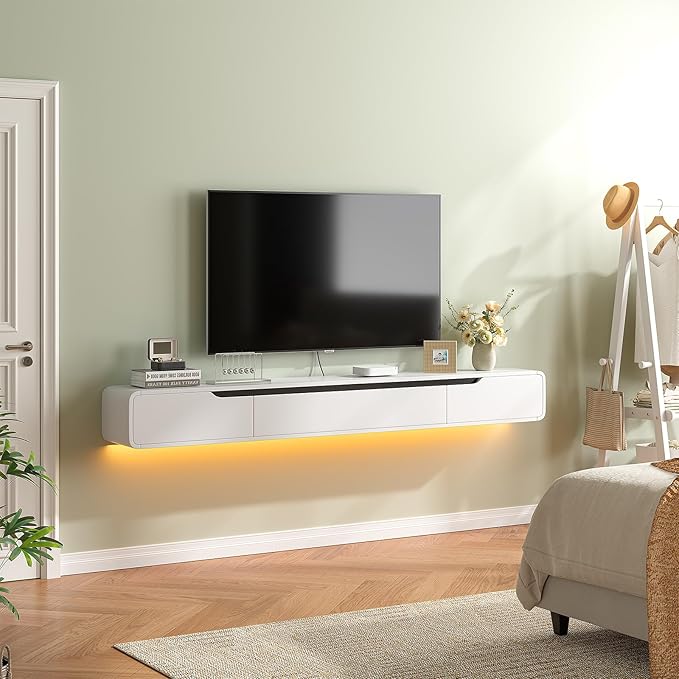 Fully-Assembled Floating TV Stand, 47IN High Gloss Wall Mounted Entertainment Center, Modern Media Console with Storage, Under TV Shelf for Bedroom Living Room White