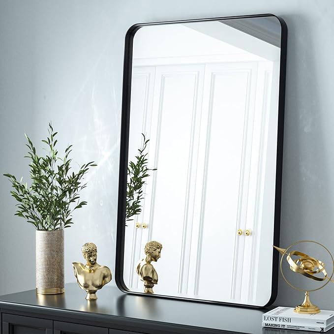 Bathroom Mirror 30x40 inch, Black Gorgeous Deep Frame Wall Mirror, Modern Round Corner Bathroom Vanity Mirror for Bedroom, Living Room, Hanging or Leaning Horizontal or Vertical, Black