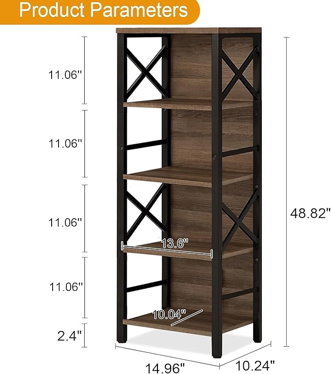 Small Bookshelf,5 Tier Industrial Bookshelf with Metal Frame and Backboard,Narrow Rustic Brown Book Shelf,Book case for Small Spaces,Living Room,Bedroom and Home Office