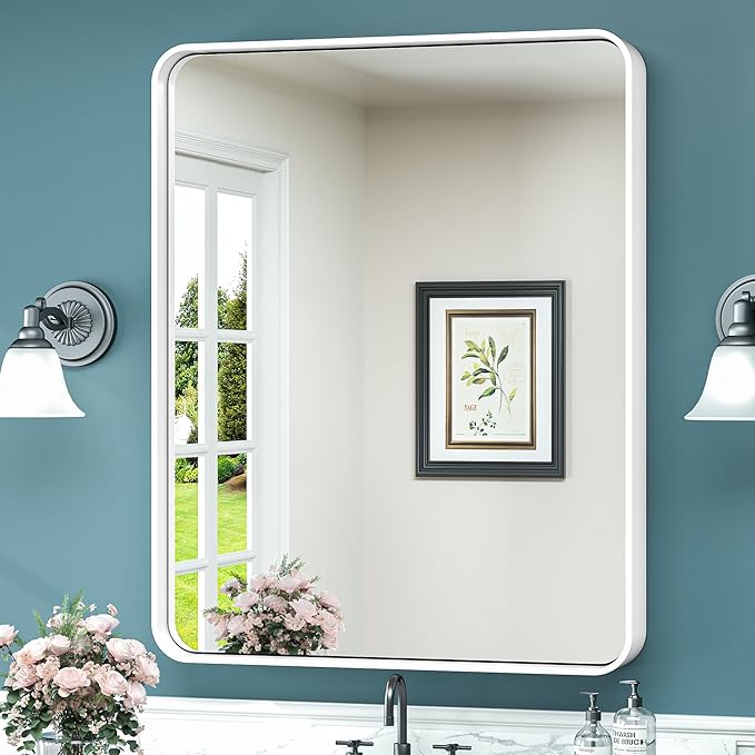 TokeShimi 24 x 32 Inch White Mirror Wall Mirror for Bathroom White Metal Frame Decorative Rectangular Wall Mounted Home Decor Corner Hangs (Horizontal/Vertical) Living Room Entryway