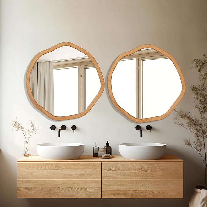 ULIKE Round Wood Mirror, 30 Inch Asymmetrical Circle Vanity Mirror with Wood Frame, Rustic Decorative Wall Mount for Bathroom Bedroom Living Room Entryway