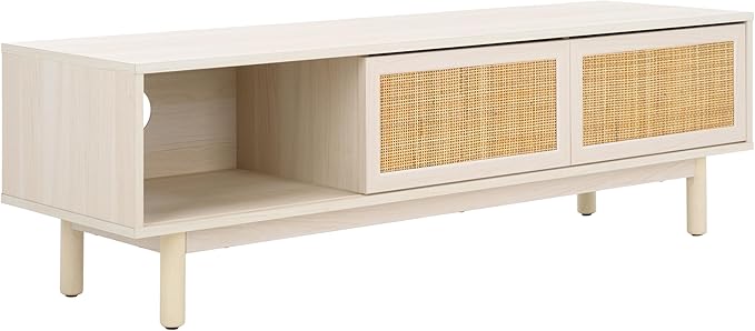 SAFAVIEH Aino TV Stand for up to 60" Flatscreen – Bleached White & Natural Rattan, 2 Sliding Doors with Interior Storage, 1 Open Shelf, Entertainment Media Console (MED9619C)