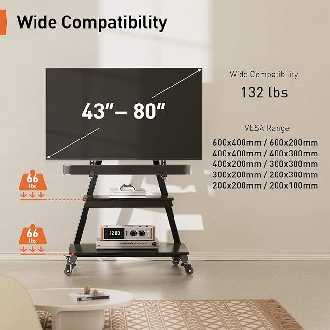 Perlegear Mobile TV Stand with Soundbar Mount, Rolling Floor TV Stand with Wheels for 43-80" TVs up to 132lbs, Mobile TV Cart with Storage Shelves, Tilt Swivel Corner TV Cart Max VESA 600x400mm