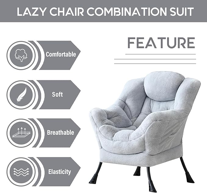 LITA Lazy Chair with Ottoman, Modern Accent Leisure Upholstered Sofa, Contemporary Lounge Reading Chair with Armrests and a Side Pocket for Living Room, Bedroom & Small Space, Single Plush Grey