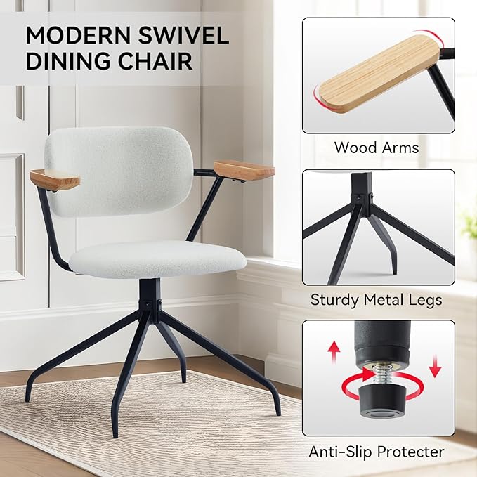 Modern Swivel Dining Chairs Set of 2 with Arms,Upholstered Comfortable Dining Room Chairs, Wooden Armrests & Sturdy Metal Frame, Stylish Kitchen & Dining Table Chairs for Modern Décor