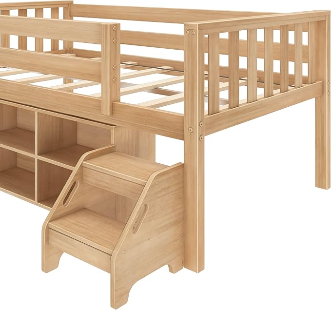 Max & Lily Soren Ultra Low Loft Bed, Twin Bed Frame for Kids with Bookcase, Blonde