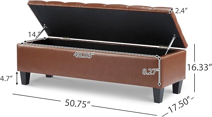 Christopher Knight Home Ottilie Faux Leather Storage Ottoman Bench, Wooden Rectangular Ottoman with Storage, Bedroom End of Bed Foot Stool, Entryway Ottoman Footrest, Living Room Extra Seat, Brown