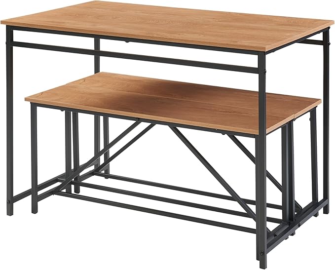 Panana 3 Piece Dining Room Table Set 43 Inch Kitchen Table with Two Benches Breakfast Table Top with Sew Kerf Finish Metal Frame Dining Room Home (Brown)