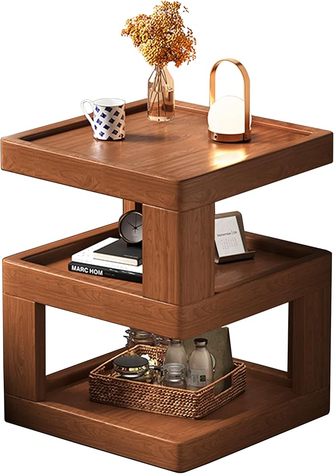 Nightstand Bedside Table with 3-Tier Storage, Modern Solid Rubberwood End Side Table for Bedroom Living Room,Original Wood Color Walnut (15.7" D x 15.7" W x 21.2" H)