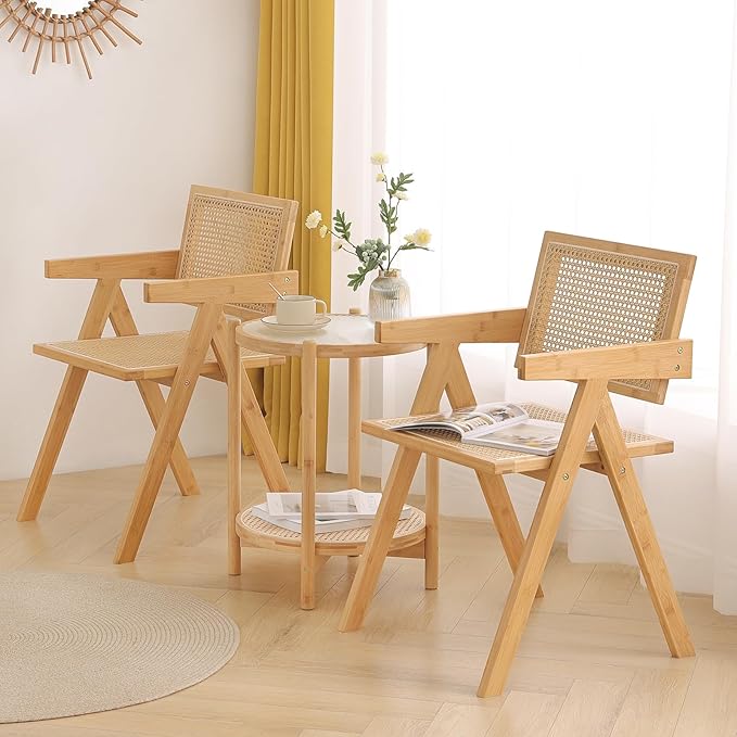Rattan Dining Chairs Set of 2, Modern Mid Century Accent Chairs, Comfy Armchairs, Outdoor Rattan Chairs with Armrest for Bedroom Living Room Reading Room Dining Kitchen