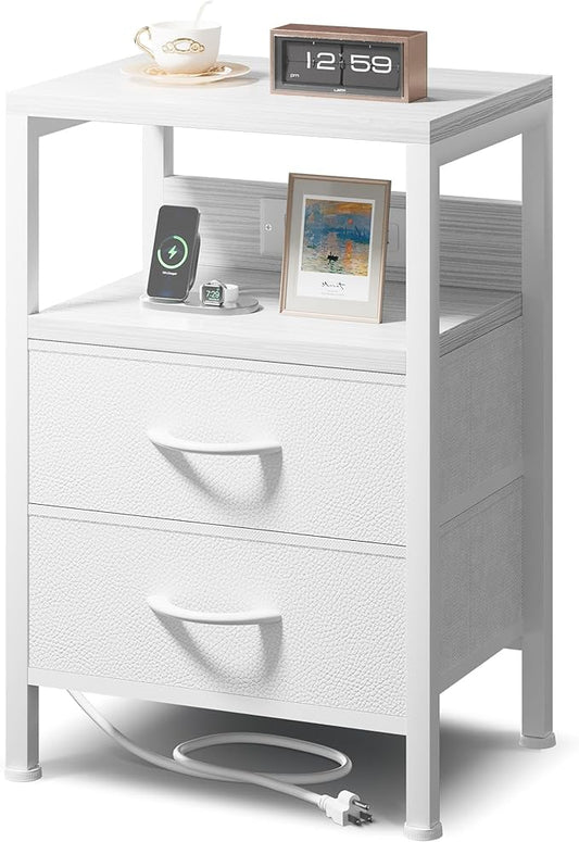 NightStand Bedside Charging Table Bedroom - Night Stand with Charger Station, White Modern Bed Side End Table with Open Shelf & 2 Fabric Drawers, USB-C USB Ports & AC Outlets for Dorm, Living Room
