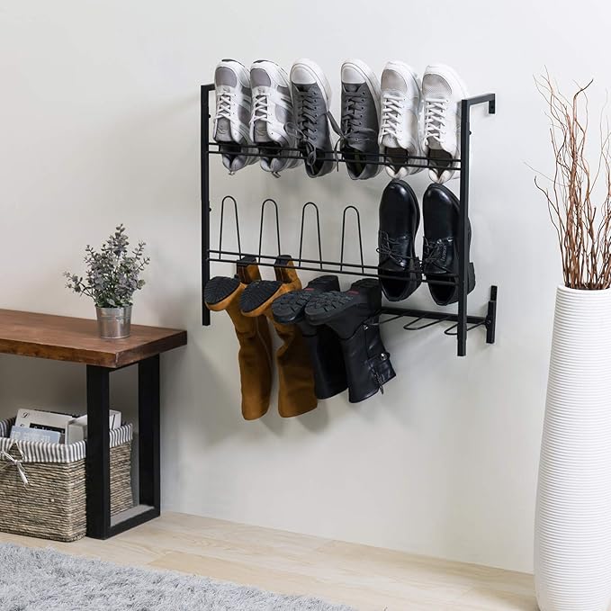 MyGift Premium Black Metal Hanging Wall Shoe Rack for Walk in Closet, Mudroom and Entryway, Wall Mounted Space Saving Boot and Shoe Rack Organizer, Holds 9 Pairs