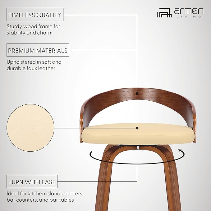 Armen Living Sonia 30" Bar Height Swivel Cream Faux Leather and Walnut Wood Bar Stool - Set of 2