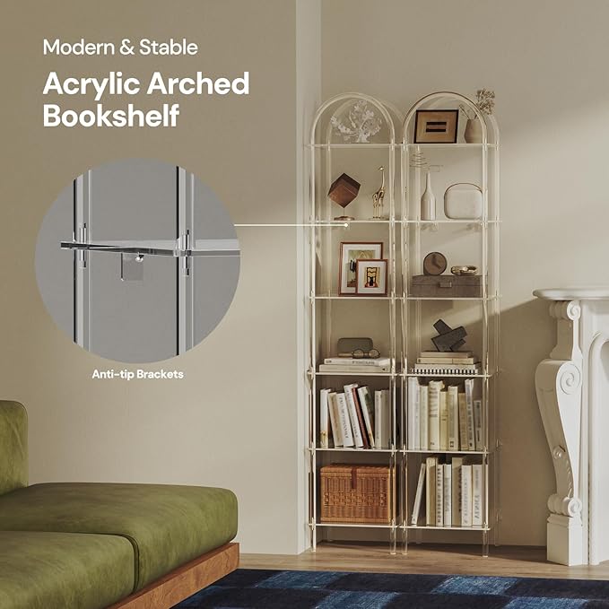 6-Tier Tall Acrylic Arched Bookcase, 13.8''W x 11.8''D x 68.4''H, Clear Narrow Bookshelf for Small Space, Open Book Shelves for Home Office, Living Room, Bedroom, Modern