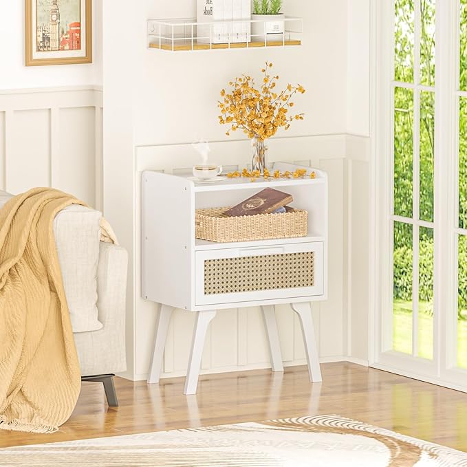Lerliuo Rattan Nightstands Set of 2, Bedside Table with Drawer Open Shelf, Cane Accent Side End Table with Solid Wood Legs, White Mid Century Night Stand for Bedroom, Dorm and Small Spaces