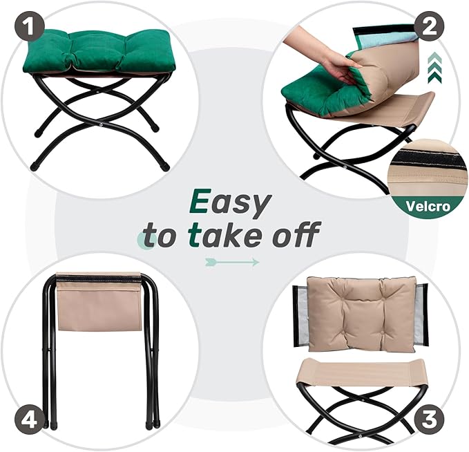HollyHOME 15"(H) Folding Footrest Stool, Upholstered Small Foldable Ottoman, Accent Padded Sofa Foot Stool for Lazy Chair, Metal Frame Portable Foot Rest Ottoman for Home, Living Room, Bedroom, Green