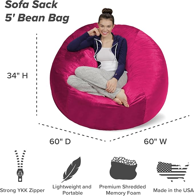 Sofa Sack Bean Bag Chair - Plush, Ultra Soft - Memory Foam Bean Bag Chair with Microsuede Cover - Stuffed Foam Filled Furniture and Accessories for Dorm Room 5 Feet - Magenta