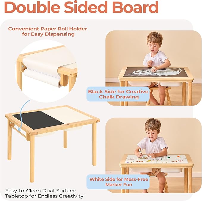 Sensory Table for Toddlers with 2 Storage Bins, Wooden Activity Table with Double-Sided Boards, Sand and Water Play, Indoor & Outdoor Use