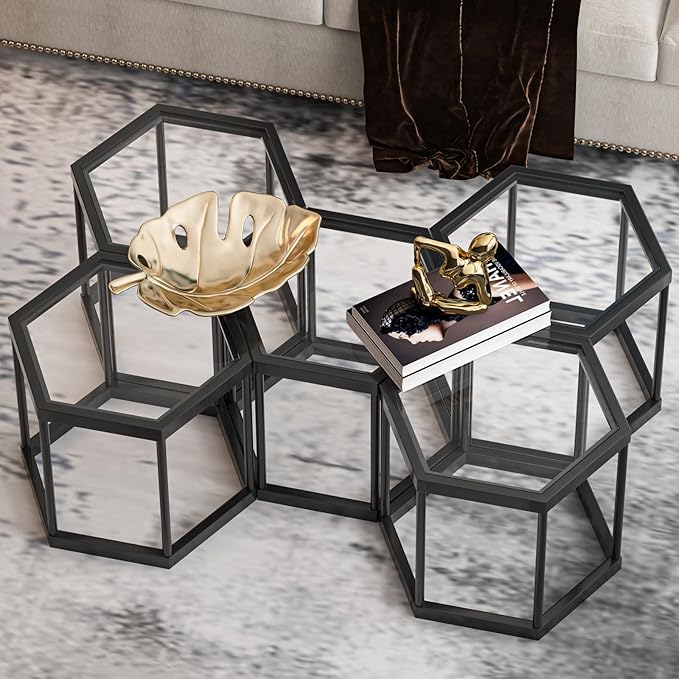 Coffee Table Glass Modern Coffee Table, Hexagon Free Combination Glass Center Table Small End Tables with Metal Frame for Living Room Set of 1