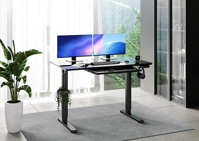 INNOVAR Glass Standing Desk with Drawers, 40×24 Inch Adjustable Stand Up Desk Quick Install Home Office Computer Desk, Black