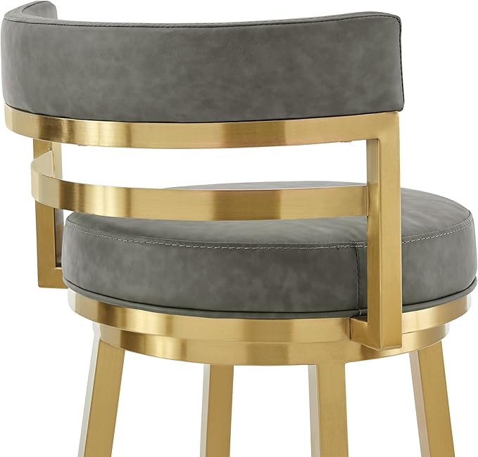 Armen Living Madrid 30" Seat Height Swivel Modern Vintage Gray Faux Leather and Gold Brushed Stainless Steel Bar Stool for Kitchen Island Counter
