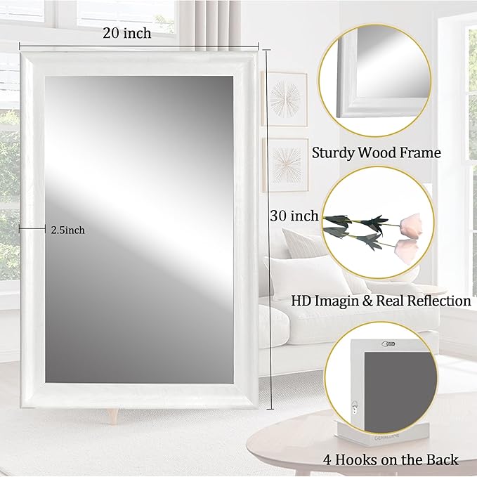 CULER White Wood Wall Mirror for Bathroom,Rectangle 20 x 30 inch Hanging Vatiny Mirrors with Wooden Frame for Living Room,Bedroom,Entryway