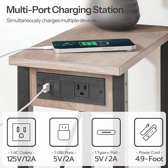 HOOBRO Small End Table with Charging Station, Set of 2, Narrow Side Table with USB Port and Outlets, Skinny Sofa Table, Slim Nightstand, Living Room, Bedroom, Greige and Black BG240UBZP201