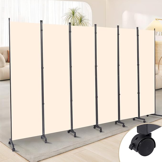 Room Divider 6 Panel Room Dividers/Wheels, Fabric Room Divider Panel for Office Room Partitions and Dividers, Portable Partition Wall Divider for Room Separation, Privacy Screen (Cream, Wheel-132'')
