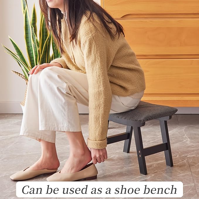 Foot Stool,Ottoman,Bamboo Small Sofa Foot Rest Under Desk,Extra Seating for Living Room, Bedroom and Kitchen (Black Stool Legs - Gray Surface)