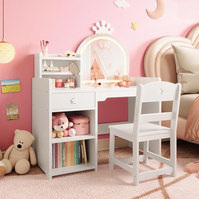 IDEALHOUSE Kids Vanity Table and Chair Set with Mirror and Lights, White Makeup Vanity Desk with Drawer and Open Storage Shelves, Wooden Dressing Table for Little Girls Bedroom