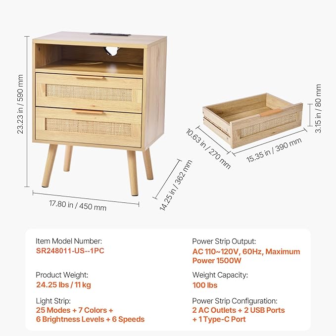 VEVOR Rattan Nightstand, Boho Bedside Table with Open Shelf 2 Drawers, End Table Nightstand with Solid Wood Legs, Rattan Bedside Table with Charging Station, for Bedroom