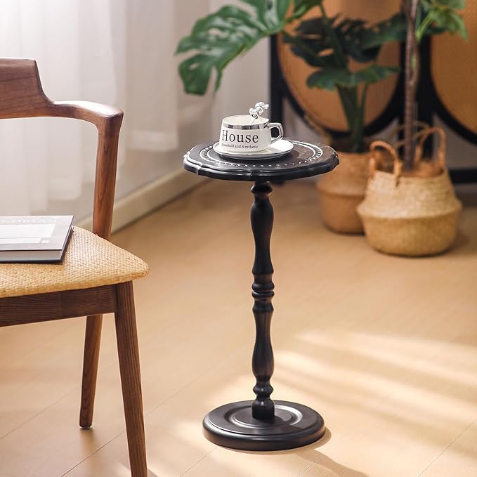 Drink Table, Small Side Table for Small Spaces, Round Solid Wood Modern Accent Nightstand for Living Room, Bedroom, Corners and Office, Black
