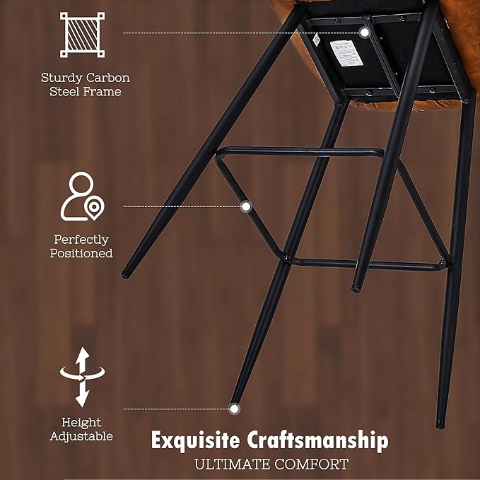 VECELO Quilted Bar Stools Set of 2, Bar Height Bar Stools with Back & Footrest, PU Leather with Stitching, Mid-Century Modern, 100% Virgin Cotton, 30" Tall, for Kitchen Home Bar, Caramel Brown