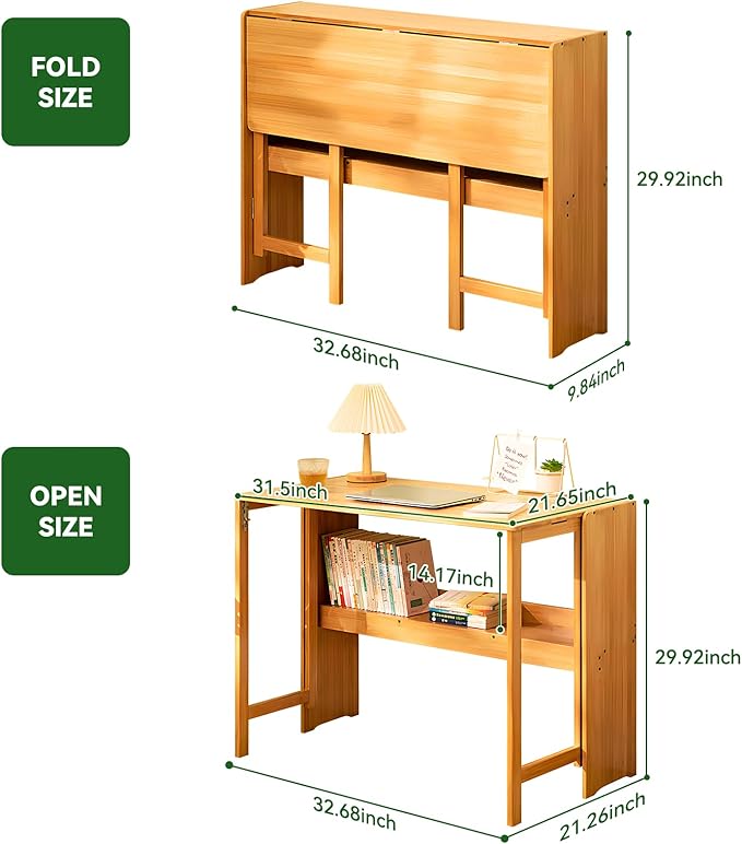 Bamboo Folding Desk Mid Century Modern Desk for Home Office Bedroom Small Spaces，Natural