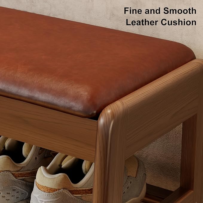 Shoe Rack Bench with Leather Cushion,2 Tiers Shoe Bench with Flip-Top Storage,Wood Shoe Rackh for Entryway,Hallway（Orange,31.5"）