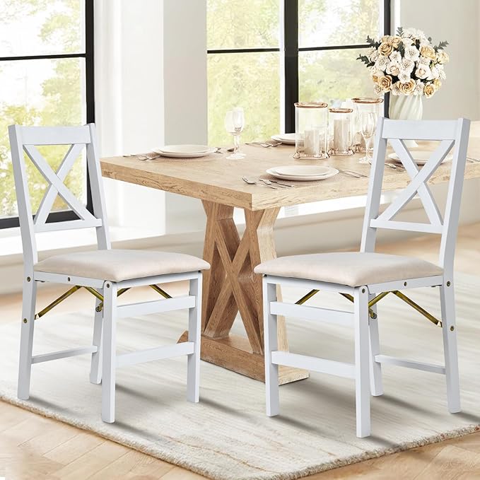 COLAMY Folding Dining Chairs Set of 2 – White Wooden Dining Room Chairs for Small Spaces, Pre-Assembled, Space Saving Kitchen & Dining Room Furniture, Indoor Outdoor Use