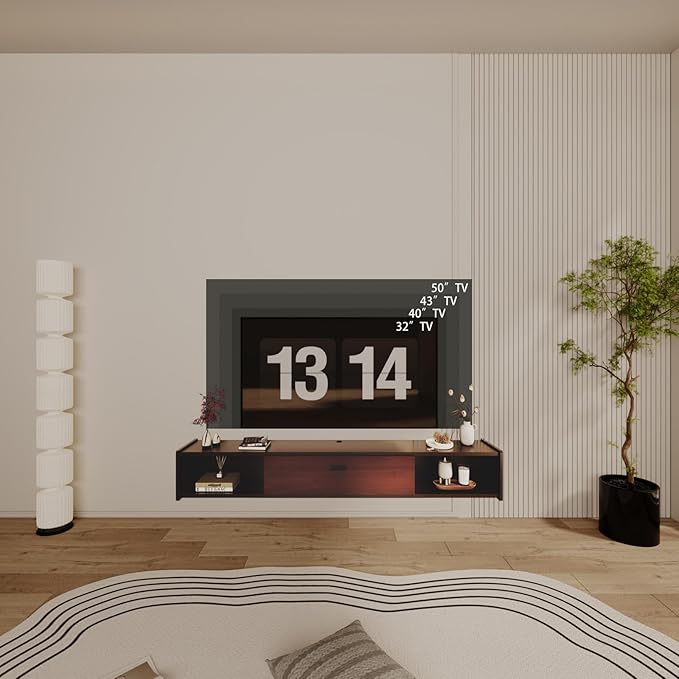 55'' Floating TV Stand,Wall Mounted TV Console,Floating TV Cabinet,Under TV Shelf for Bedroom Living Room(Walnut)