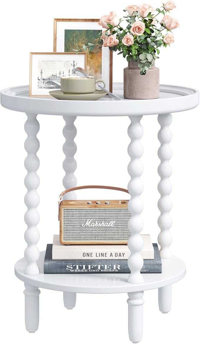 Gadroad Round End Table with Storage Shelf, 2 Tier Couch Side Table, Wood Coffee Table for Living Room, Bedroom, White 19.3 * 19.3 * 25.6 inches