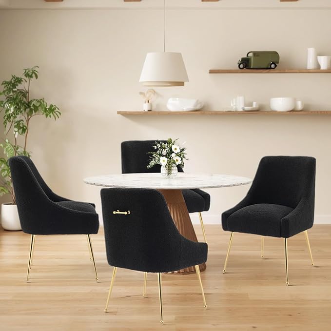 Modern Velvet Dining Chairs Set of 4, Contemporary Upholstered Furniture Collection with Polished Gold Metal Legs, Elegant Accent Chairs for Kitchen Living Room(Teddy Fleece,Black)
