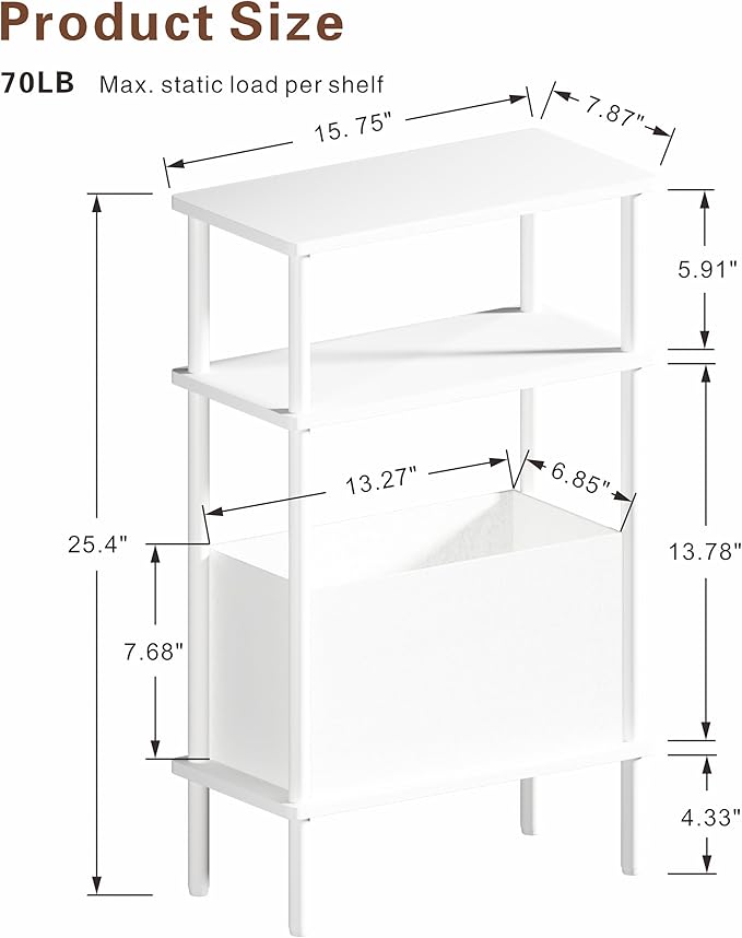 Narrow Side Table with Fabric Basket, End Table for Small Spaces, Slim Nightstand with 3-Tier Storage Shelf, Sofa Beside Table, for Living Room, Bed Room, Natrual White