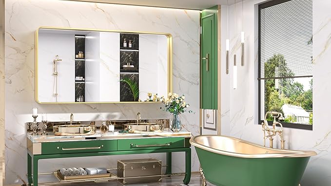 TokeShimi Bathroom Vanity Mirror 48 x 24 Inch Gold Metal Frame Round Corner Rectangular for Home Decor Living Room Entryway (Horizontal/Vertical)